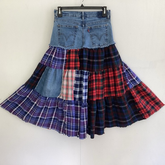Boho tiered plaid flannel patchwork attached to Levi jean upcycled maxi skirt M - Picture 11 of 14